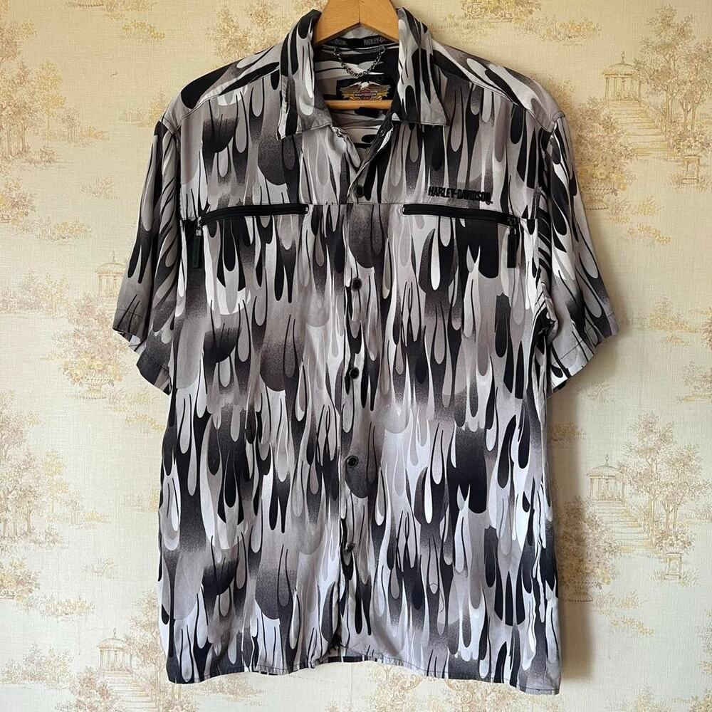 Vintage 90s Harley Davidson AOP Flame Shirt | Rayon Camp | Size M